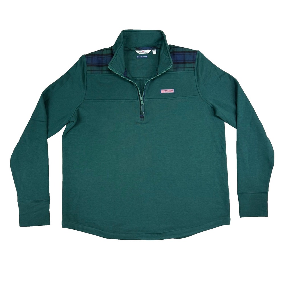 Vineyard Vines Shep Shirt Women XL Green Plaid Yoke 1/4 Zip Pullover Preppy Golf